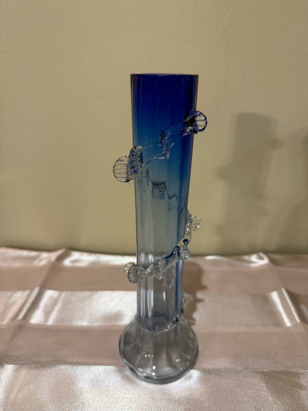 Vintage Mid Century Blue Ombre Glass Bud Vase Clear Applied Rigaree Spiral Wrap